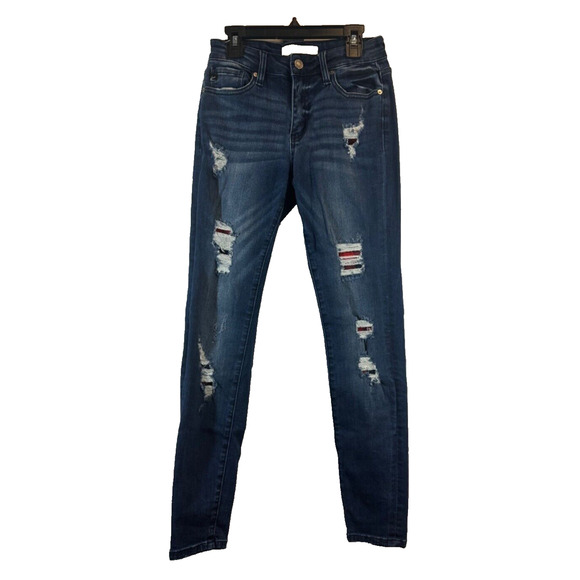 Kancan Jeans Womens 1/24 Buffalo Plaid Patch Distressed Ripped Stretch Ankle B3 - Picture 1 of 7